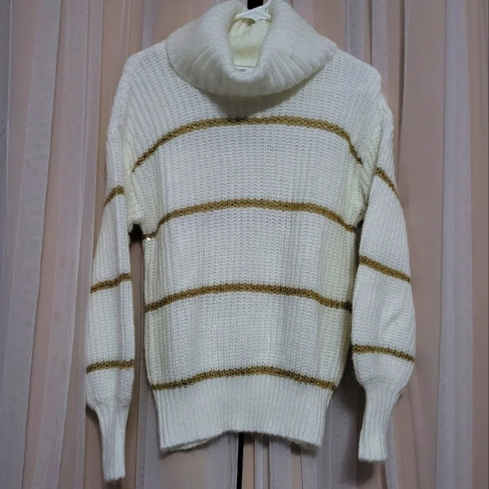 Nine West Knit Cowlneck Sweater, Balloon Sleeves, Ivory/Gold Stripes, sz small